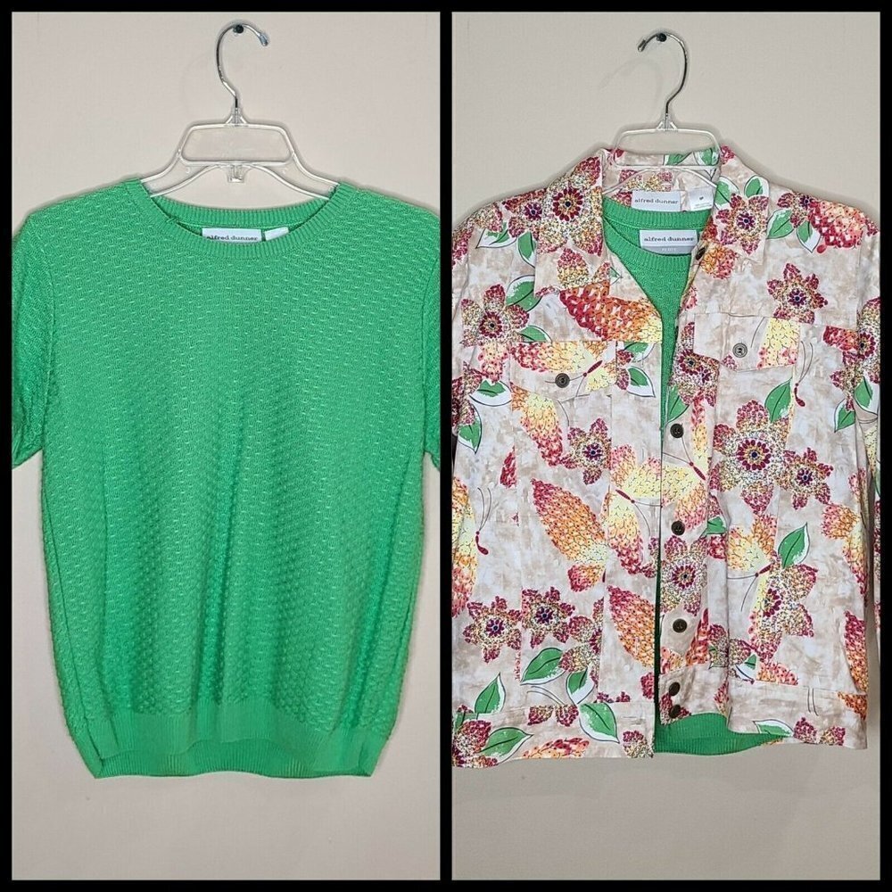 Alfred Dunner Floral Multi-colored Denim Jacket & Green Short Sleeve Top